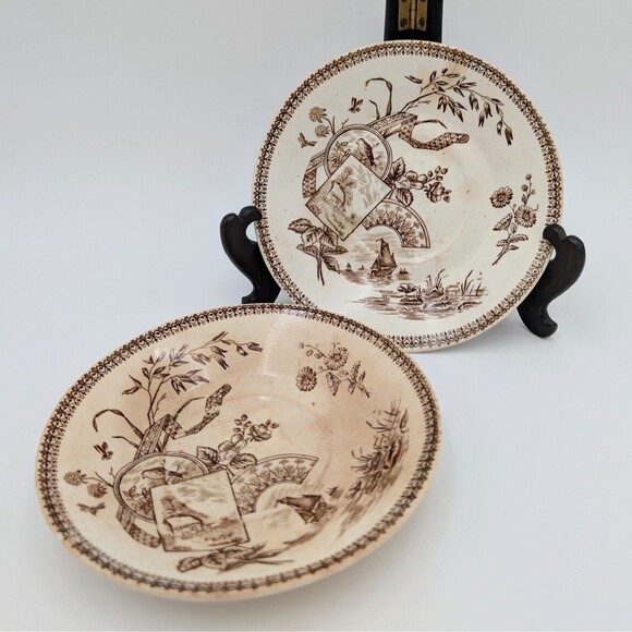 Antique New Wharf Pottery Tennyson Saucers Plates 2 Brown White Transferware 6" - Picture 1 of 12